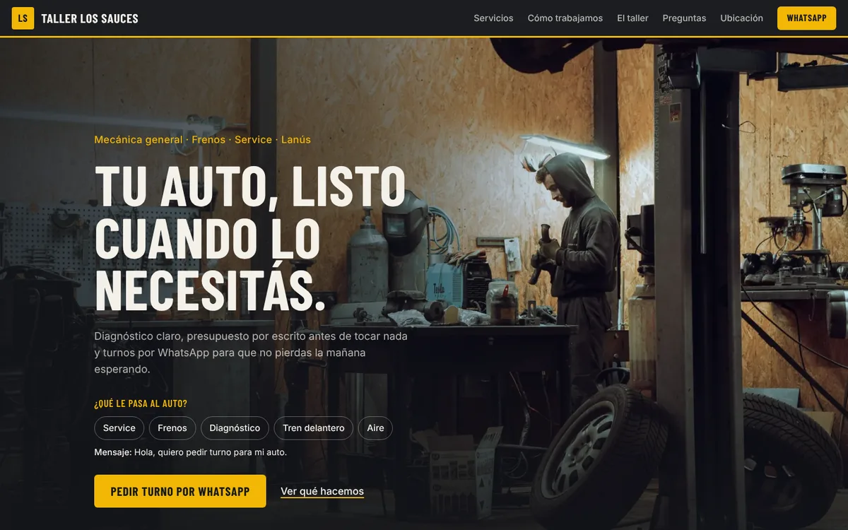 Sitio de ejemplo de un taller mecánico: foto del taller, titular y botón para pedir turno